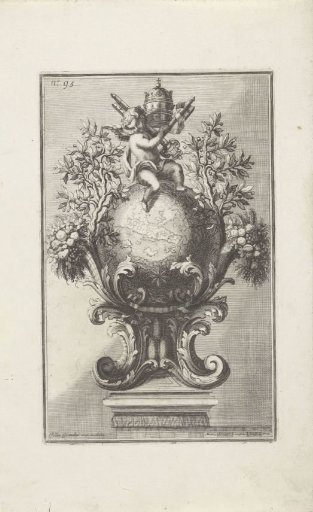 Ornament with the Coat of Arms of Pope Clement XI and a Putto on a Globe, Flanked by Trees and Horns of Plenty Filled with Flowers and Fruits
