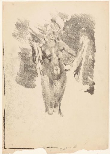 Standing nude woman drying herself
