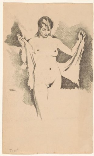 Standing nude woman drying herself