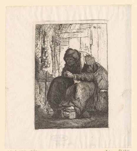Seated old woman with a string of onions on the wall