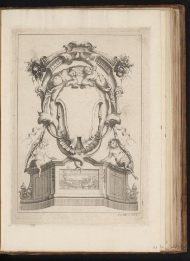 Cartouche with young satyrs and cornucopias