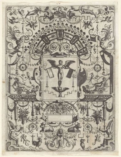 Cartouche with Fame blowing two trumpets