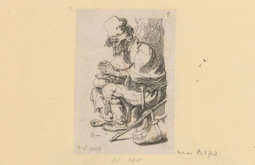 Beggar seated warming his hands at a chafing dish