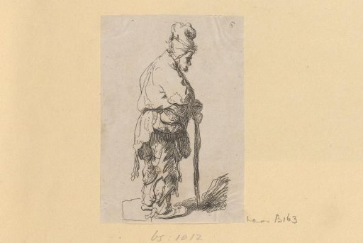 Beggar leaning on a stick, facing left