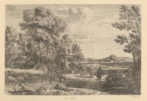 Landscape with cattle crossing a wooden bridge