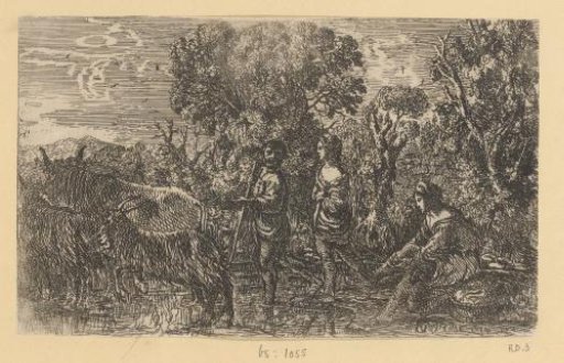 Shepherds guiding cattle through a river