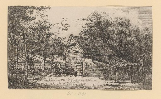 Landscape with a barn by a stream with a fisherman