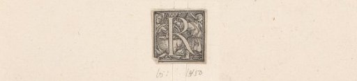 Initial R with a peasant and a peasant woman by a cooking pot