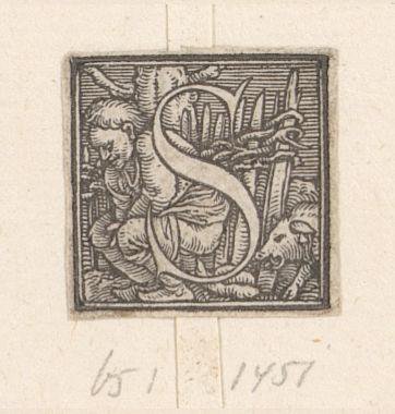Initial S with a peasant relieving himself