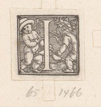 Initial I with two children on hobby horses and with mills