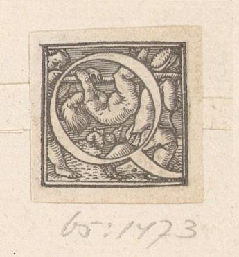 Initial Q with a child hanging from a stick carried by two children
