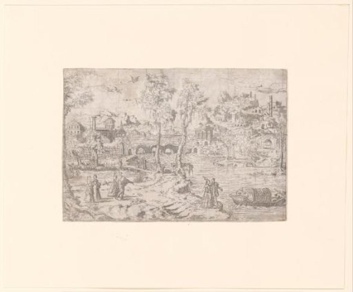 Courtiers walking through a river landscape with ruins and a gondola