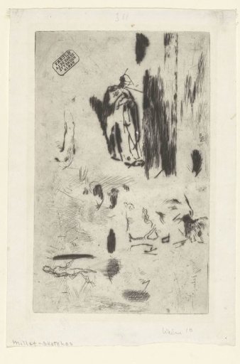 Sketch sheet with some figure studies and landscape