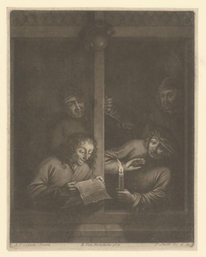 Three Men Singing from a Sheet of Paper by Candlelight in an Open Window