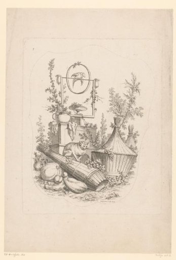 Cat-like figure in a landscape with fruit and bound sheaves