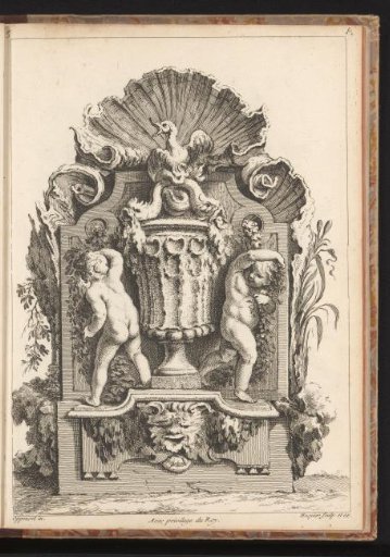 Ornament with putti on either side of a vase with dolphins and a bird on top