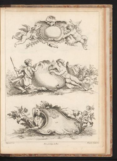 Three cartouches, two putti, a nude man and woman, and a dog