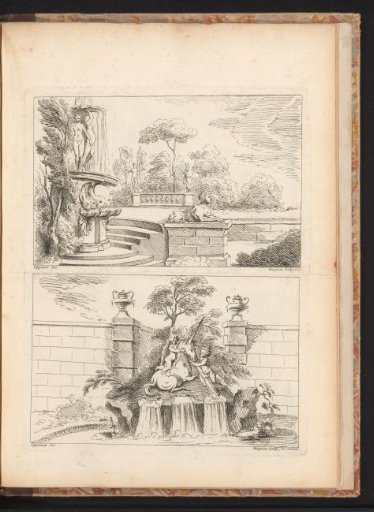 Garden with a fountain featuring nude women and dolphins near a sphinx