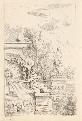 Landscape with fountain and statue