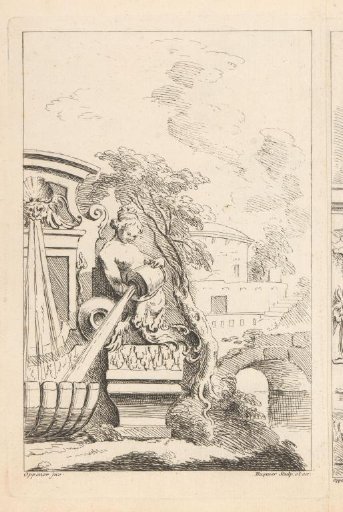 Landscape with fountain, bridge, and building in the background