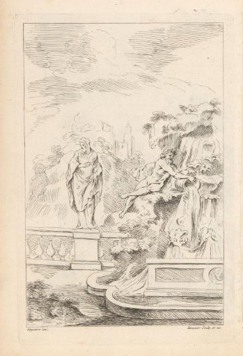 Fountain with a river god emptying an urn next to a statue of an old man
