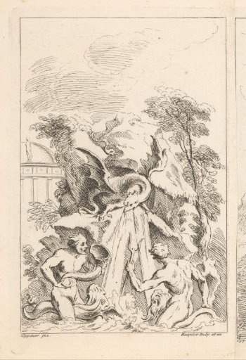 Design for an ornamental fountain with a water-spouting dragon above two figures on dolphins