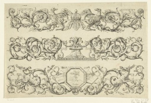 Three friezes of scrolls consisting of leaves, scrollwork and garlands