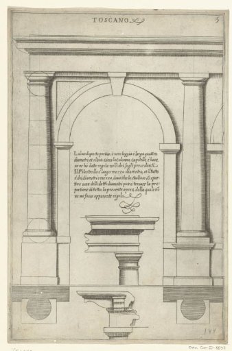 Tuscan portico and two details of the entablature