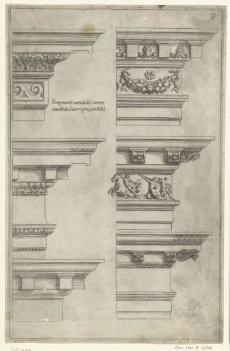 Two rows of three entablatures