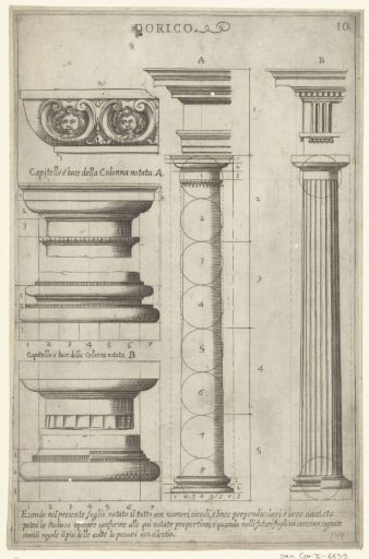 Two Doric basement, columns, capitals and entablatures with details