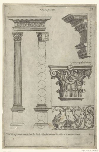 Two Corinthian columns with a base, entablature, and details