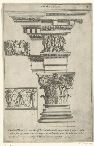 Composite base and capital with details of entablature and frieze