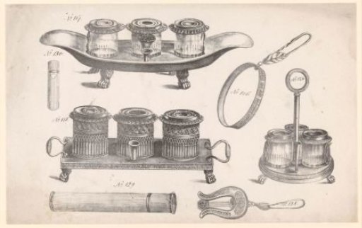 Trays with pepper, salt, and mustard pots