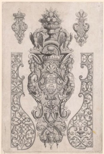 Ornamented locks, two eagles, and a vase with fruit