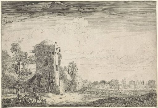 Hunters with dogs near a tower in a landscape