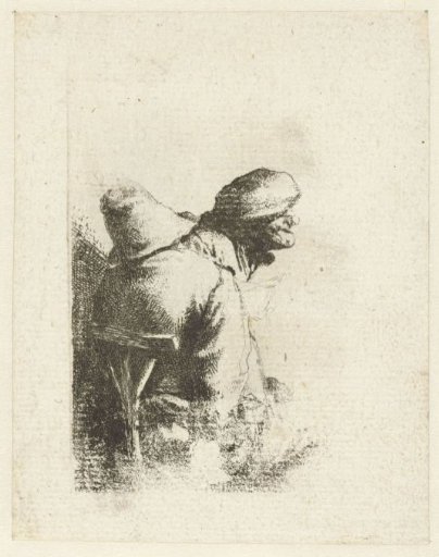 Man seated seen from behind, woman's or man's head with cap