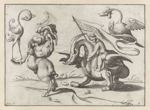 Monster with Trumpet and Crane-like Bird