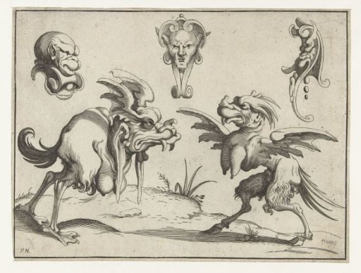 Two Monsters with Three Masks Above