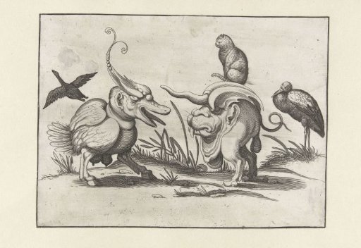 Two Monsters with a Cat, Goose, and Stork