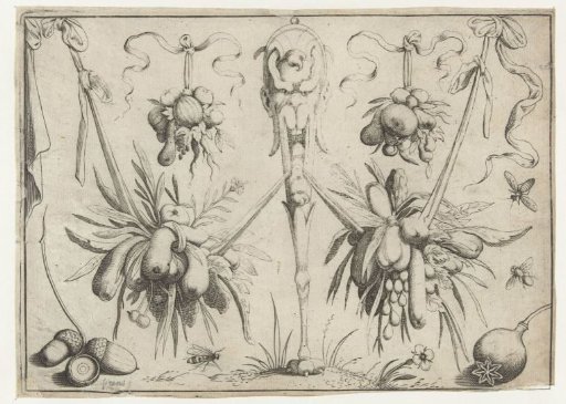 Mask on a pedestal with a garland