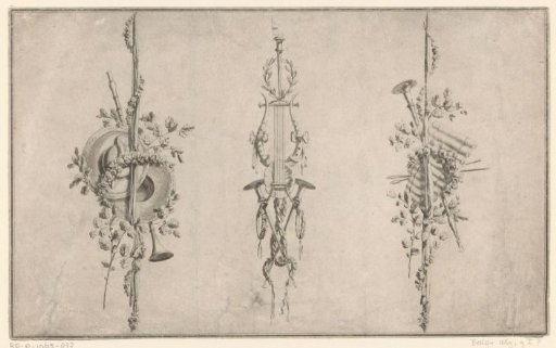 Trophies with hats, lyre and pan flute