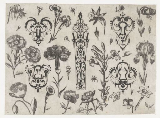 Five scrollwork ornaments surrounded by flowers