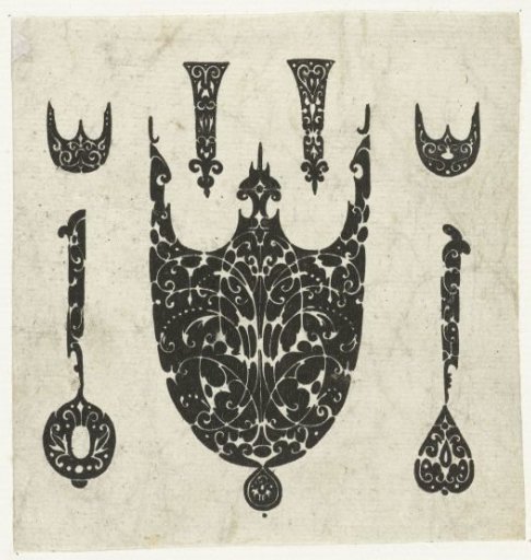 Tip of a sword scabbard surrounded by eight ornaments for rings