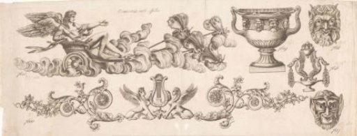 Amor, a vase, satyr heads and sphinxes with a lyre