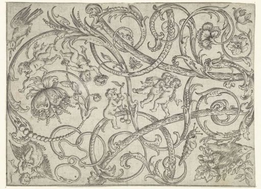 Panel with leaf scrolls, flowers, birds, and playing putti