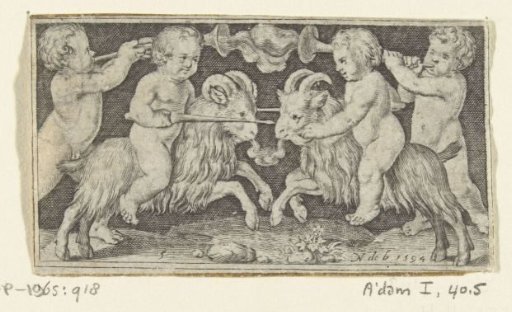 Frieze: Two fighting children riding on goats, flanked by two children blowing a trumpet