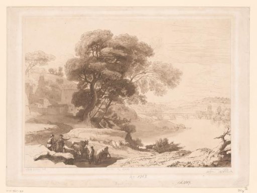 Landscape with shepherds and cattle at the edge of a river