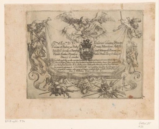 Angel holding up a cloth with dedication, surrounded by soldiers and weapons