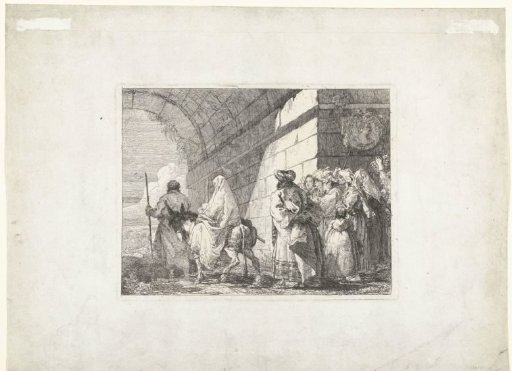 Holy Family departing through a city gate