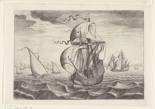 Large sailing ship accompanied by rowing sailing ships